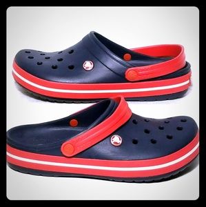 red white blue crocs
